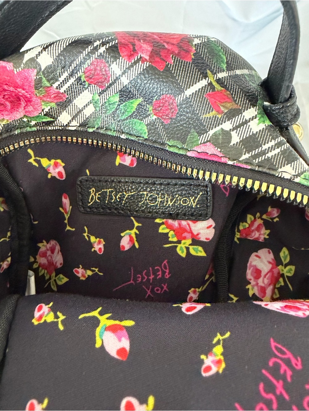 Betsey Johnson Black Plaid Floral Cat Mini Backpack - Picture 6 of 14